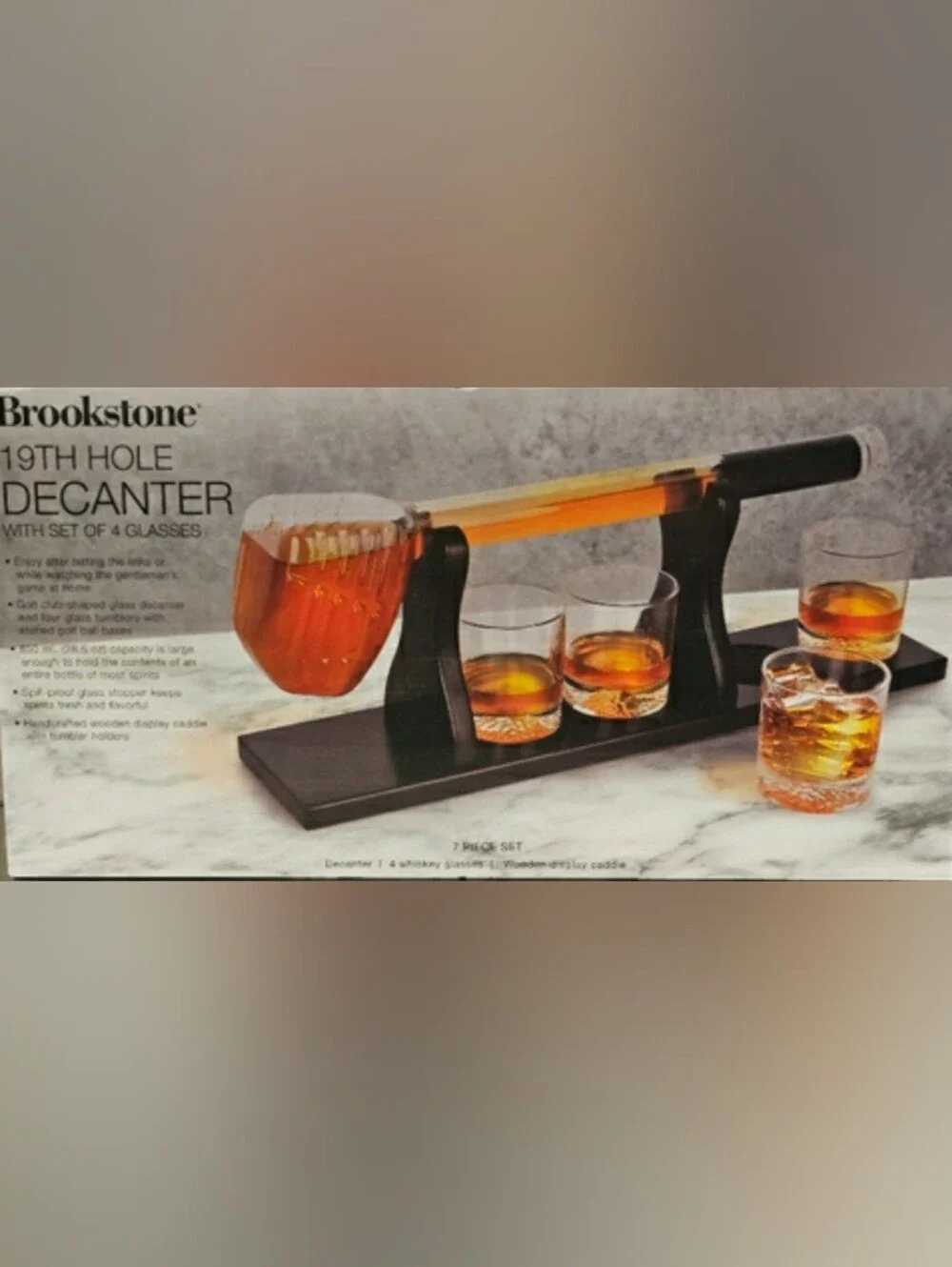 BROOKSTONE 19TH HOLE GOLF CLUB DECANTER (7) PCS SET: WISKEY GLASSES & CADDIE NEW